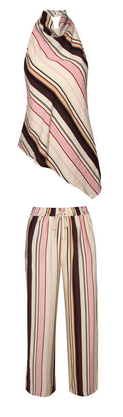 Pink Crinkle Texture Diagonal Stripe Cowl Neck Halter Top £25.99 & Cream Striped Drawstring Wide Leg Trousers, £29.99