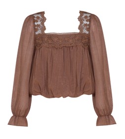 Brown Lace Trimmed Long Sleeve Bubble Hem Blouse £29.99 (936459823)
