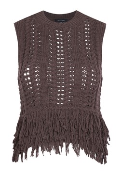 New Look Dark Brown Open Knit Fringe Trim Sleeveless Vest £23.99