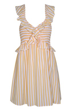 Yellow Striped Print Ruffle Trim Shirred Mini Dress, New Look, £34.99 (929070989)