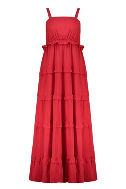 Honey Red Ruffle Midaxi Dress