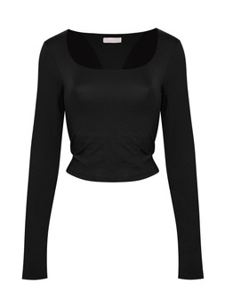 Black Scuba Square Neck LS Crop Top
