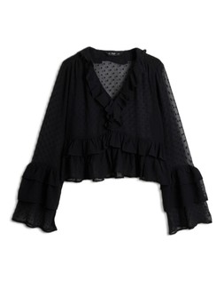Black Dobby Ruffle Sleeve Blouse