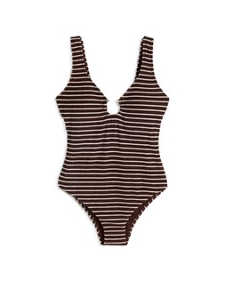 Brown Crinkle Stripe Swimsuit