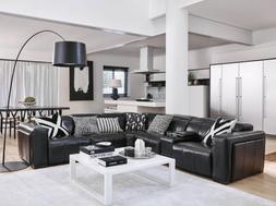 DFS Crusade Option C heated 2 corner 2 power recliner in Palatial 100% leather in black, with one matching Crusade smart console unit
