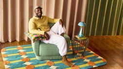 Yinka Ilori Sweet Flows Swivel Chair Woven Jacquard Green £299 & Yinka Ilori Rhythm Geo Rug 160x230cm £205