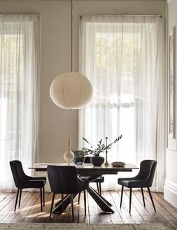 Furniture Village Kos Extending Dining Table with 4 Velvet Dining Chairs Dining Set, &pound;1,395 Calvin Klein Sculptural Grey Rug, from &pound;329