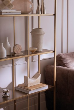 Ardent Shelving Unit in Champagne - £649 & Mariah 3 Seater Fabric Classic Back Sofa in Dapple Chocolate - £1,445