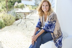 Long Printed Kimono Steel Blue £38 , Satin Front Vest Light Pebble £35, & Wide Leg Stretch Jean Stonewash £45.- Available from 7th May