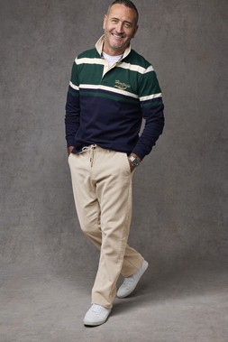 Short Sleeve Crew Neck Base Layer Top White £14, Heritage Stripe Rugby Shirt Navy £42 & Cord Rugby Comfort Trousers Almond £35- EMBARGOED UNTIL 20TH AUGUST 2026