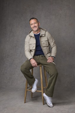 Signature Lightweight Showerproof Jacket Mushroom £60, Short Sleeve Crew Neck Base Layer Top White £14, Cotton Textured Cable Crew Neck Jumper Dark Sky £38 & Cord Rugby Comfort Trousers Dark Khaki £35- EMBARGOED UNTIL 20TH AUGUST 2026