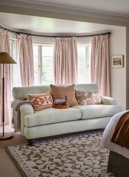 Hampton 2 Seater Sofa in Hampton Chunky Knit Chenille Natural/Burnt Sienna Mix with Walnut Feet, £1699. Hampton Accent Chair in Hampton Chunky Knit Chenille Natural/Burnt Sienna Mix with Walnut Feet, £799.