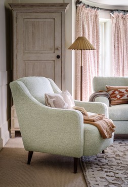 Hampton 2 Seater Sofa in Hampton Chunky Knit Chenille Natural/Burnt Sienna Mix with Walnut Feet, £1699. Hampton Accent Chair in Hampton Chunky Knit Chenille Natural/Burnt Sienna Mix with Walnut Feet, £799.