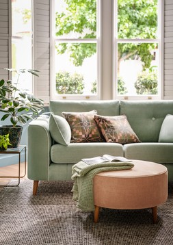 Remy 3 Seater sofa in Soft Chenille Mint All Over with Natural Contrast Piping, £999 Remy Chair in Soft Chenille Blush All Over with Natural Contrast Piping, £699