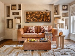 Roscoe 3 Seater in Linen Look Chenille Cinnamon Mix with Walnut Feet, £1299. Roscoe Console in Linen Look Chenille Cinnamon Mix with Walnut Feet and Glass Top, £399.
