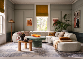 Waldorf 2 Seater Corner 1.5 Seater in Soft Sherpa Stone All Over, £2299 Luella Large Designer Footstool In Chenille Alpine Green All Over, £399