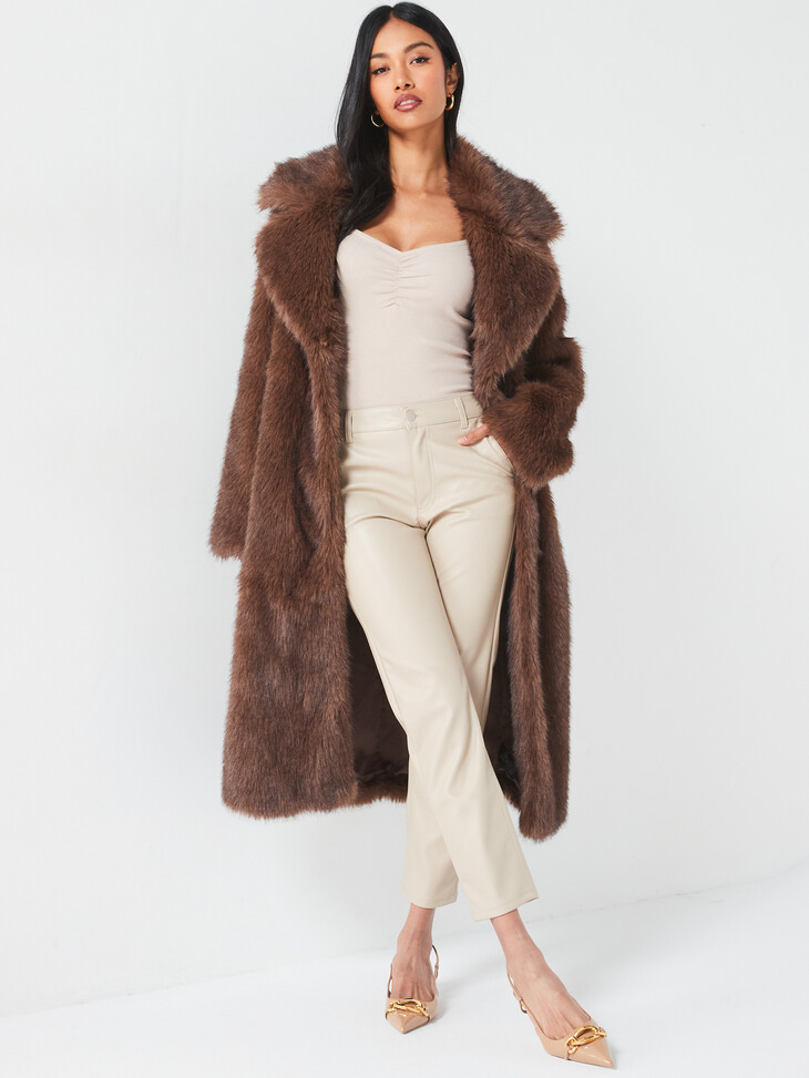 very-v by very longline faux fur belted coat - chocolate - 85 -1-ref2002034