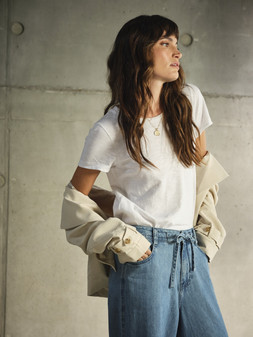 FatFace Cora Cropped Trench Coat, £84, H60401 - Amberley Wide Leg Jeans, £59, H63314 - Ivy Tee, £25, E26784
