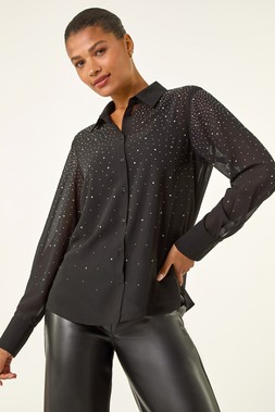 Roman Black Sparkly Button Blouse