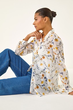 Roman White Shimmer Floral Print Button Blouse