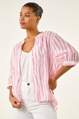 Roman Pink Stripe Print V-Neck Blouse