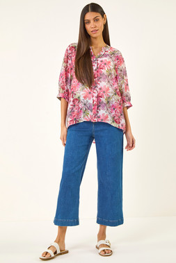 Roman Purple Floral Print V-Neck Blouse