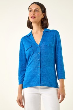 Roman Blue Pocket Front Stretch Blouse