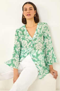 Roman Sage Floral Print Flare Sleeve Blouse
