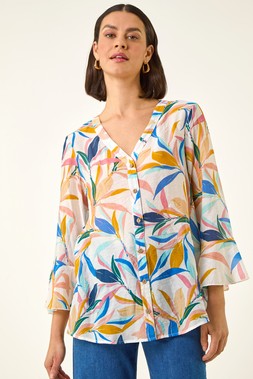 Roman Blue Leaf Print Flare Sleeve Blouse