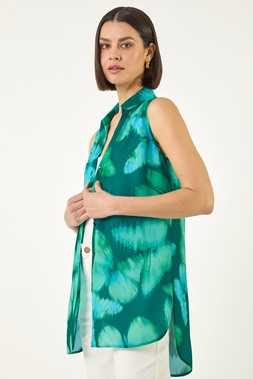 Roman Green Butterfly Print V-Neck Blouse