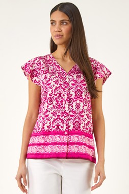 Roman Pink Floral Border Print Frill Blouse
