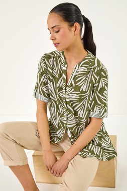 Roman Petite Khaki Abstract Print Button Blouse