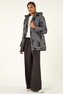 Roman Grey Floral Flock Padded Coat