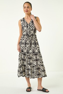 Roman Petite Black Geo Print Tie Waist Midi Dress