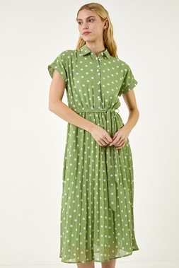 Roman Sage Spot Print Pleated Shirt Midi Dress