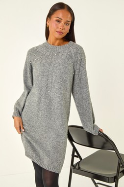 Roman Petite Grey Embellished Faux Pearl Knit Dress