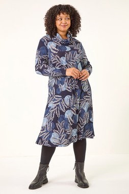 Roman Curve Navy Leaf Print Cowl Neck Dress