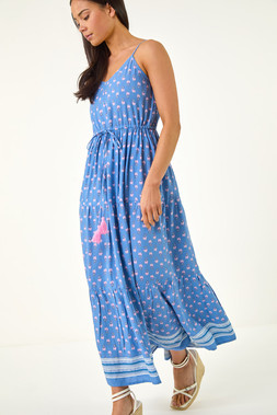 Roman Petite Blue Abstract Print Strappy Maxi Dress