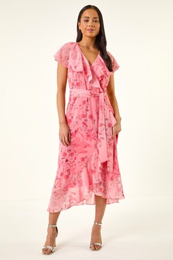 Petite Coral Floral Frill Midi Dress