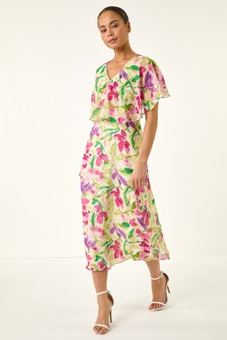 Roman Petite Floral Print Cape Midi Dress