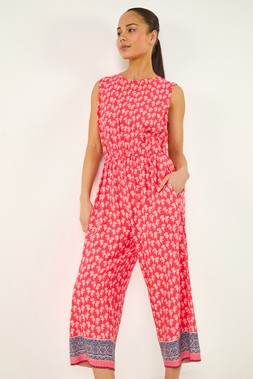 Roman Petite Coral Printed Cropped Jumpsuit