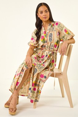 Petite Stone Postcard Tie Waist Midi Dress Rated