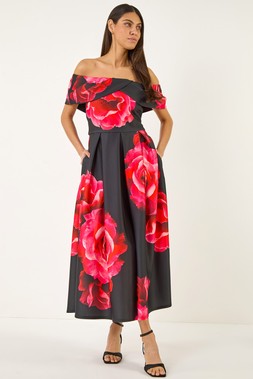 Roman Floral Print Premium Stretch Midi Dress