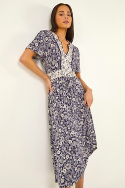 Petite Navy Contrast Floral Stretch Dress