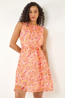 Dusk Orange Floral Shimmer Tie Waist Dress