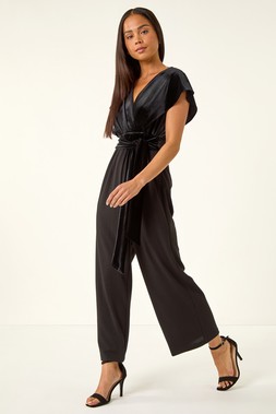 Roman Petite Black Velvet Contrast Jumpsuit