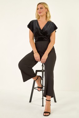 Roman Petite Black Velvet Contrast Jumpsuit