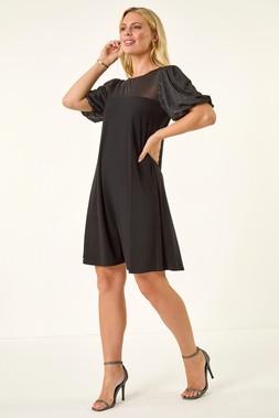 Roman Petite Black Sparkle Contrast Dress