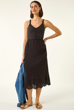 Roman Black Crochet Strappy Midi Dress