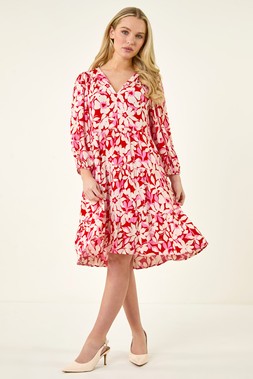 Roman Petite Floral V-Neck Tiered Dress